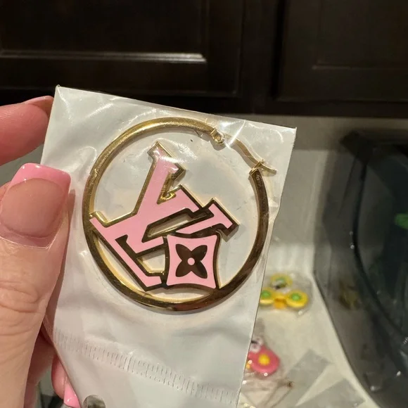 Gold and Pink Hoop Earrings - Picture 2 of 2